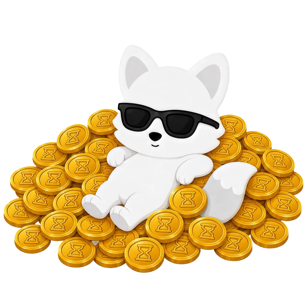 Aura fox relaxing on a pile of Aura coins