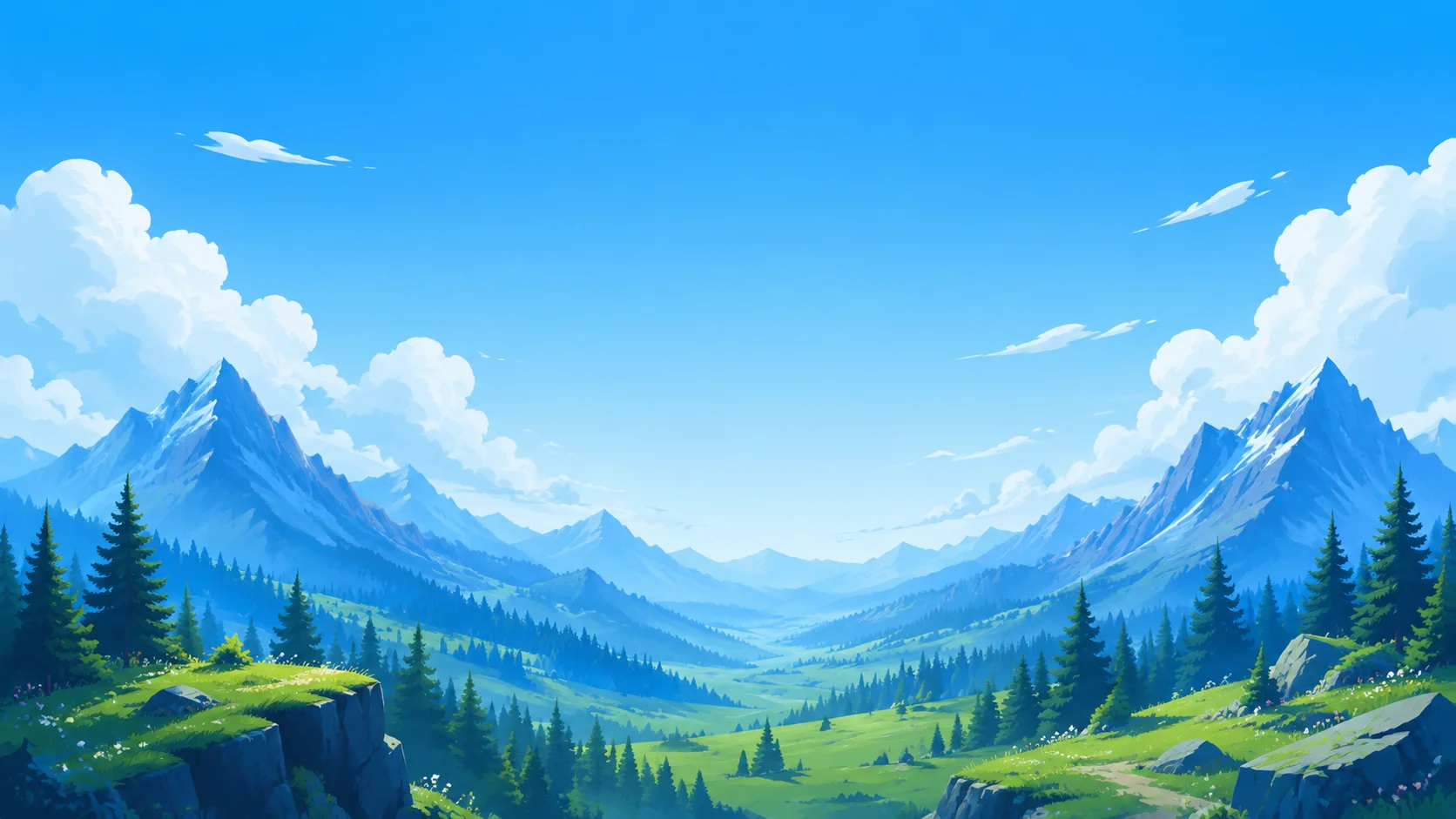 A sunlit mountain valley with pine forests and open meadows